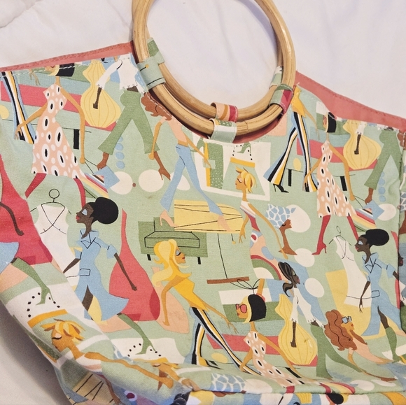 Vintage Neiman Marcus Retired Fashion Diva Pattern Purse Bamboo Handles Retro - Picture 2 of 13